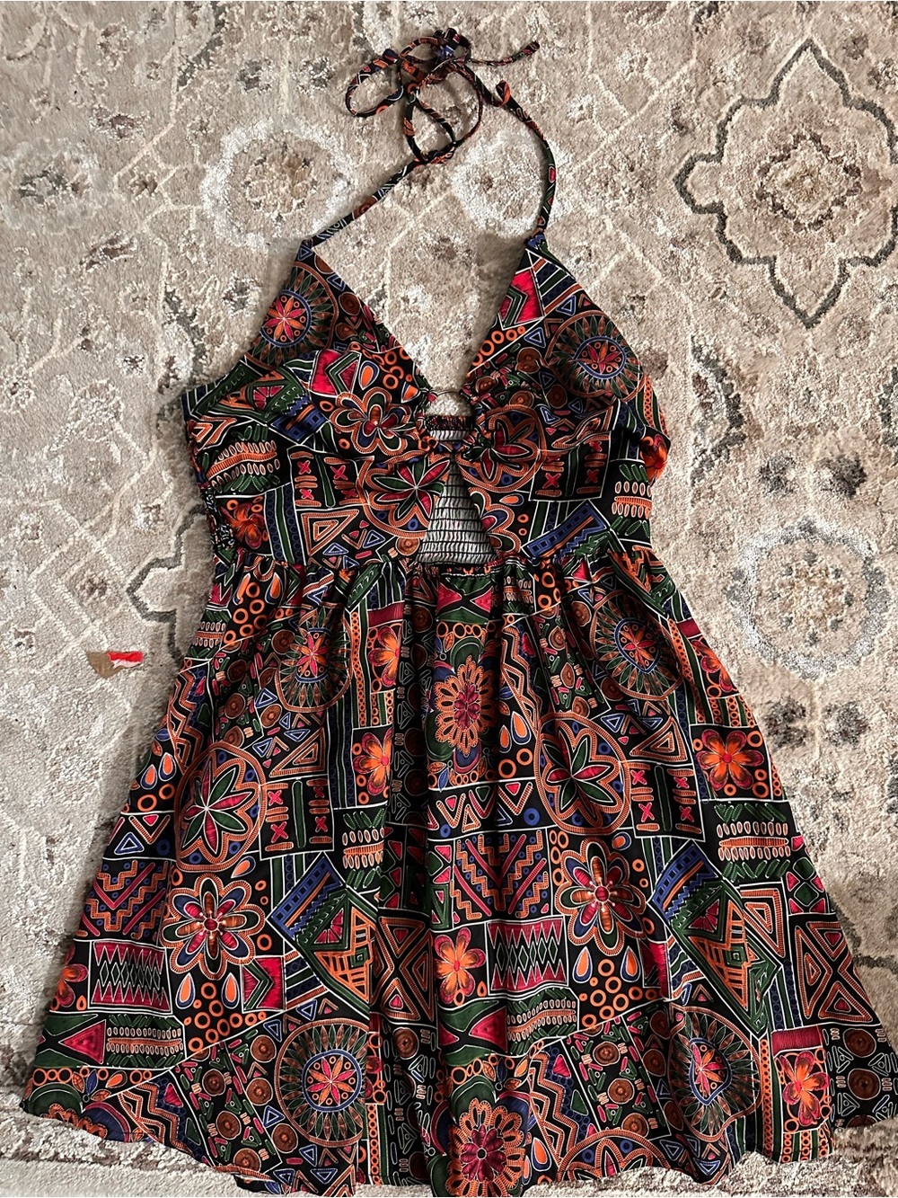 Boho Tribal Print Halter Dress | Cutout Sundress | Festival Vacation Resort Mini - Picture 2 of 6